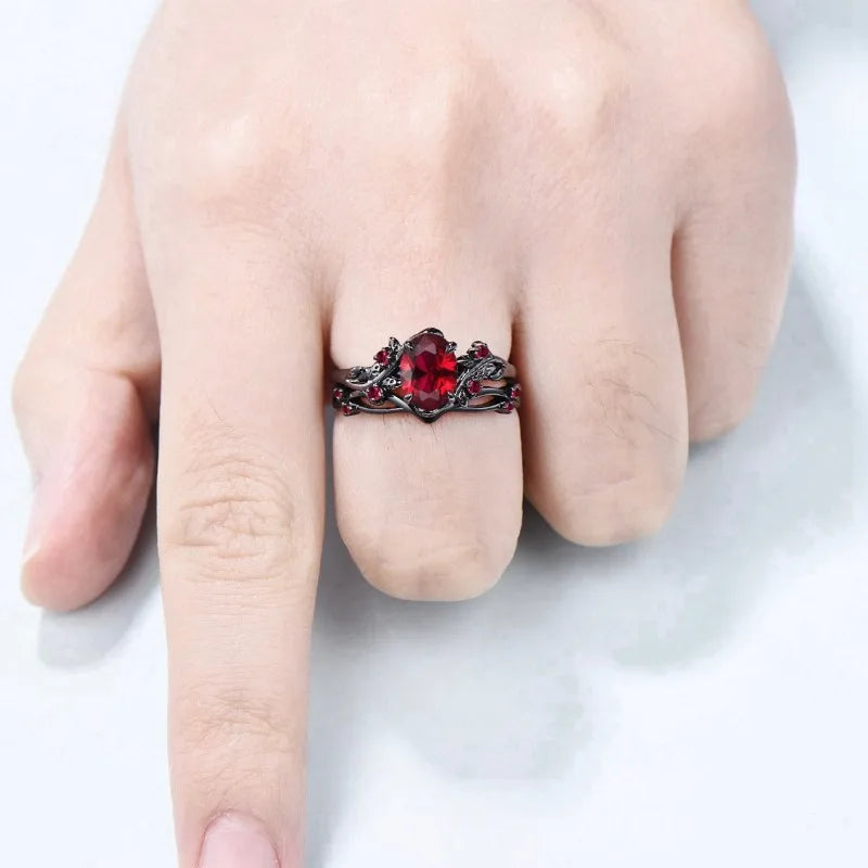 Exquisite Black Color Round Flower Red Stone Rings for Women Jewelry Anniversary Rings Gift