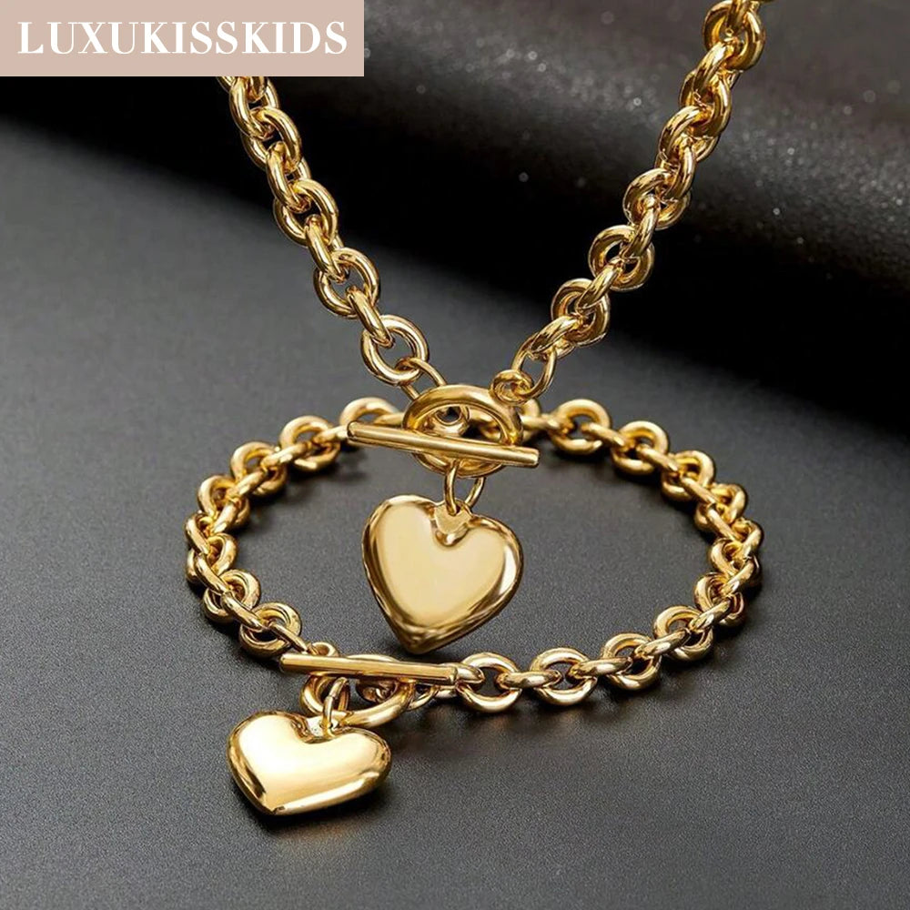 LUXUKISSKIDS Fashion Cubic Love Heart Minimalist Jewelry Set Necklace Earrings Bracelets Stainless Steel Women Party Accessories