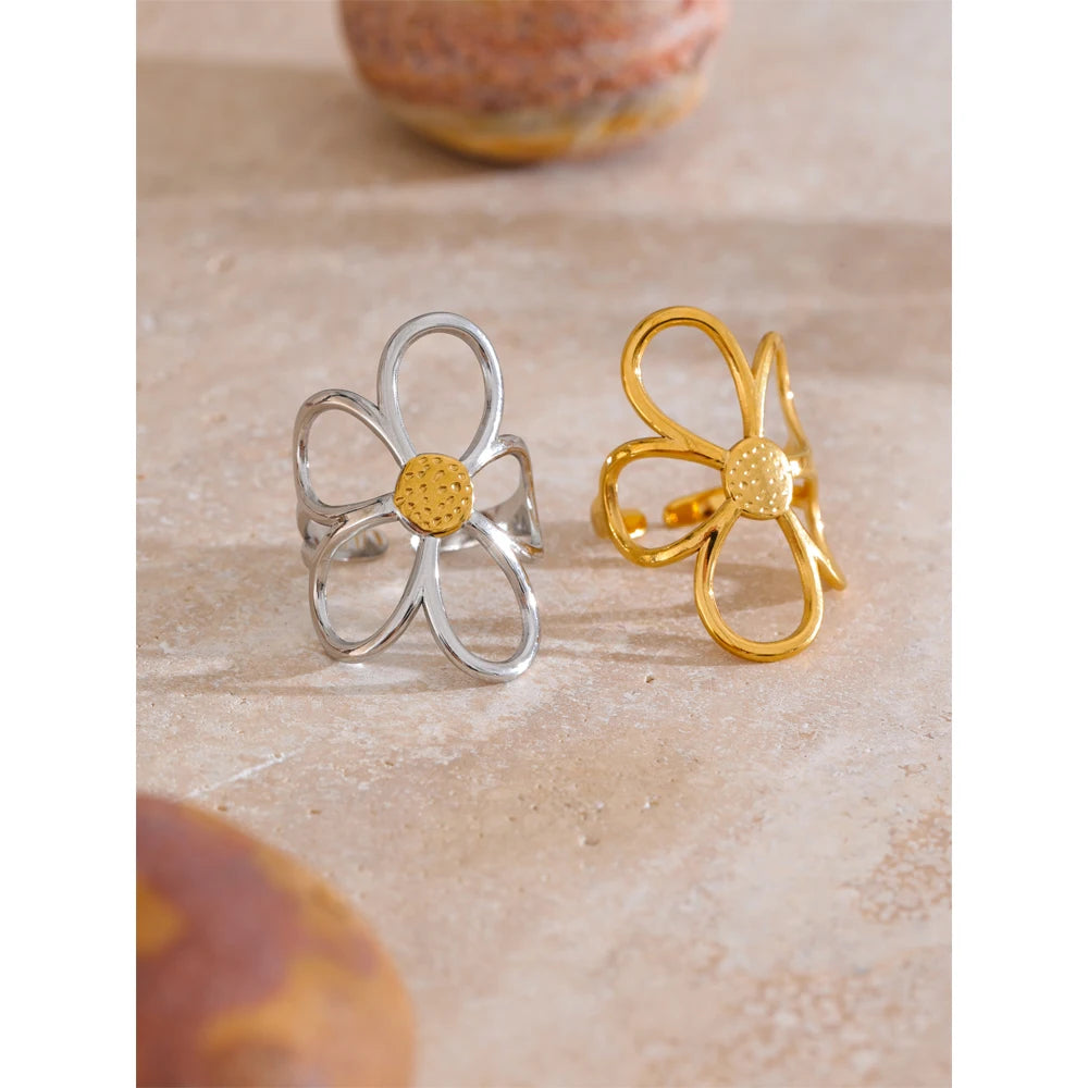 Yhpup Trendy Stainless Steel Metal Flower Adjustable Fashion Finger Ring Rust Proof Attractive Daily Jewelry Accessories Gift
