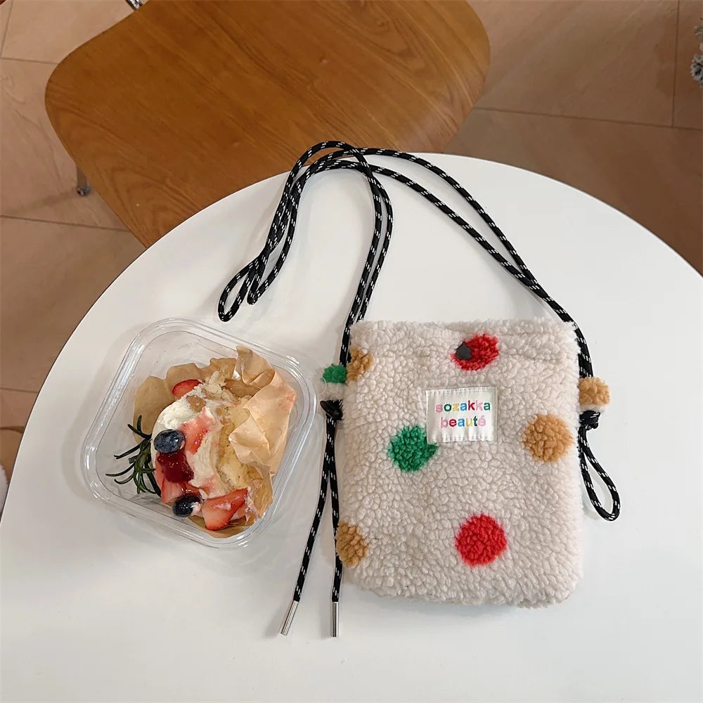 New Fashion Plush Rainbow Polka Dot Cute Little Bag Pink Shoulder Crossbody Bag Women Shopping Storage Bag Portable Phone Pouch