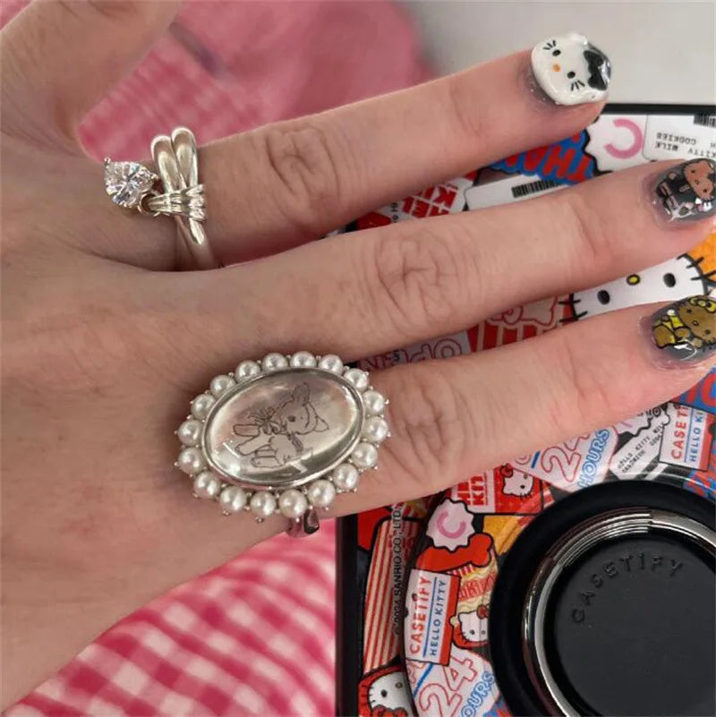 Little Deer Pearl Ring, Female Niche, Exquisite, Cute Little Deer, Folded Index Finger, Retro Ring