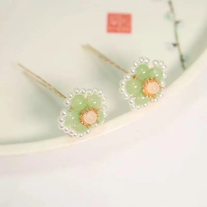 2pcs Vintage Hairpin Glazed Flower Tiara Chinese Hanfu Hair Accessories Lotus Shaped U-shaped Hair Clip Forks Retro Hair Jewelry
