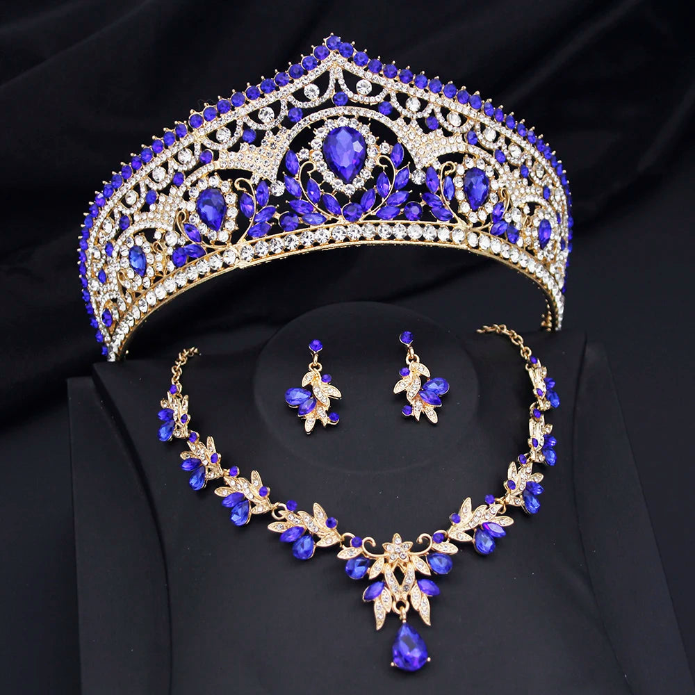 Royal Queen Green Crystal Tiaras Wedding Crown earring Set Bridal Diadem for Princess Wedding headdress Bride Hair Jewelry