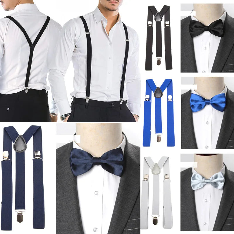Unisex Suspenders Bowtie Sets Clip-on Buckle Men Straps Adjustable Elastic Y-Back Braces Wedding Suit Pants Jeans Accessories