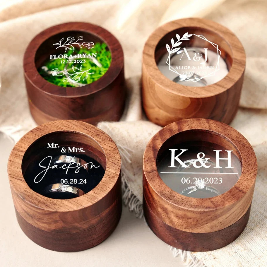 Free Custom Logo Walunt Wood Ring Box Wooden Engraving Wedding Proposal Engagement Round Wood Free Custom Name and Date Ring Box