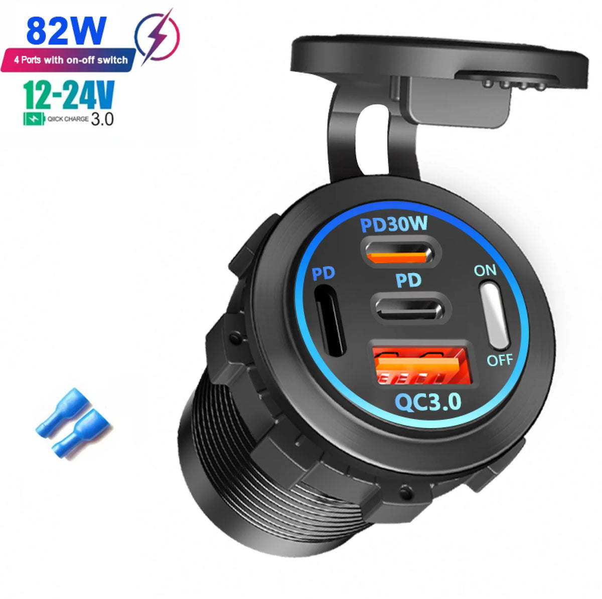 4-Port Car Charger – Dual USB & Type-C Fast Charging with Voltmeter