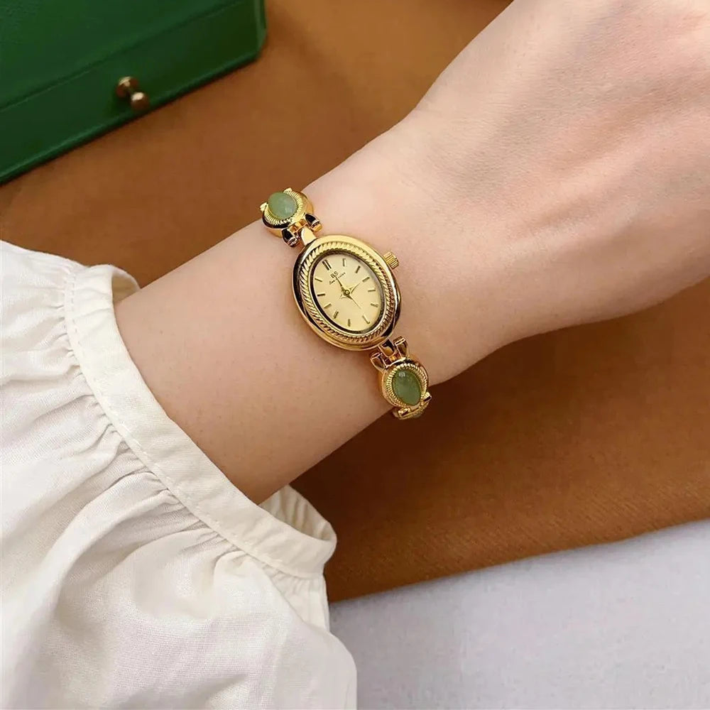 Women's Gold Watch Vintage Brown Jade Bracelet Small Dial Quartz Daily Wear Party Clock Luxury Waterproof Ladies Watches Gifts