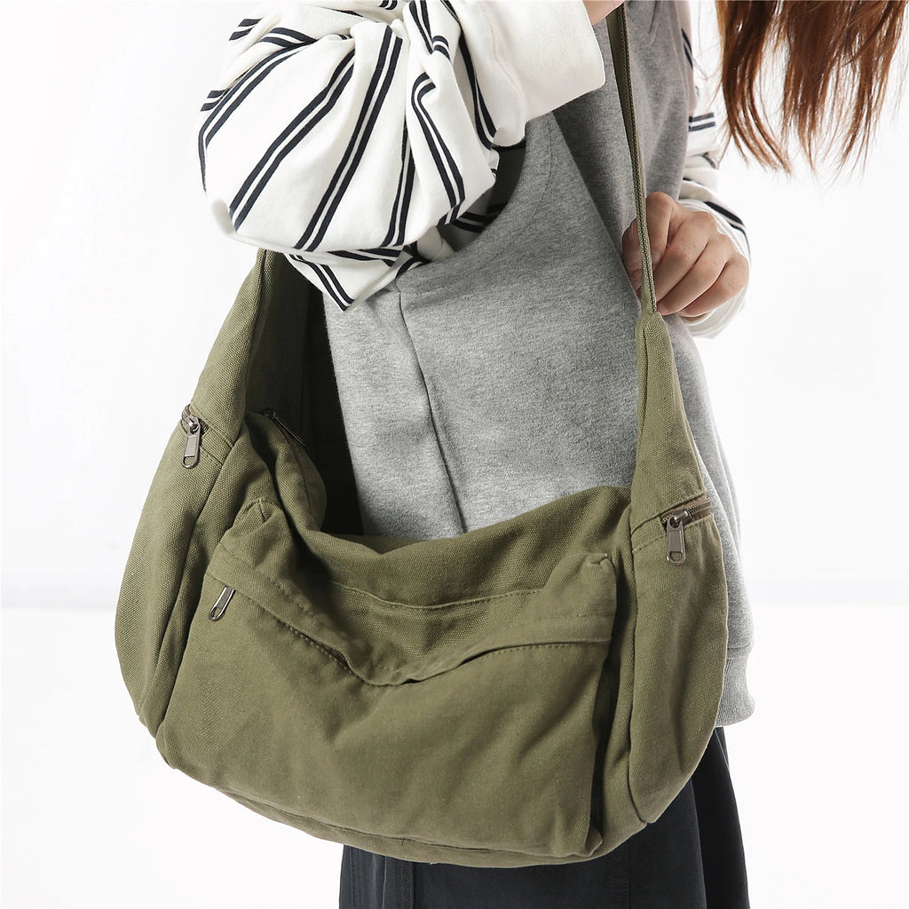 100% Cotton Shoulder Bags Women Large Capacity Canvas Tooling Packages Korea Style Cloth Crossbody Bags Solid Messenger Bags