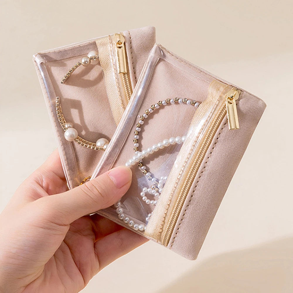 Portable Jewelry Storage Bag Earrings Necklace Velvet Zipper Pouch Travel Watch Ring Organizer Clear Water-Proof Dustproof Bag