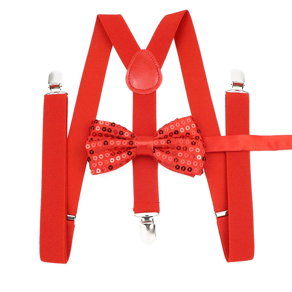 Unisex Shinning Sequins Bowtie Suspenders Sets For Mens Women Party Stage Performance Paillette Adjustable Tie Fashion Easy Lazy