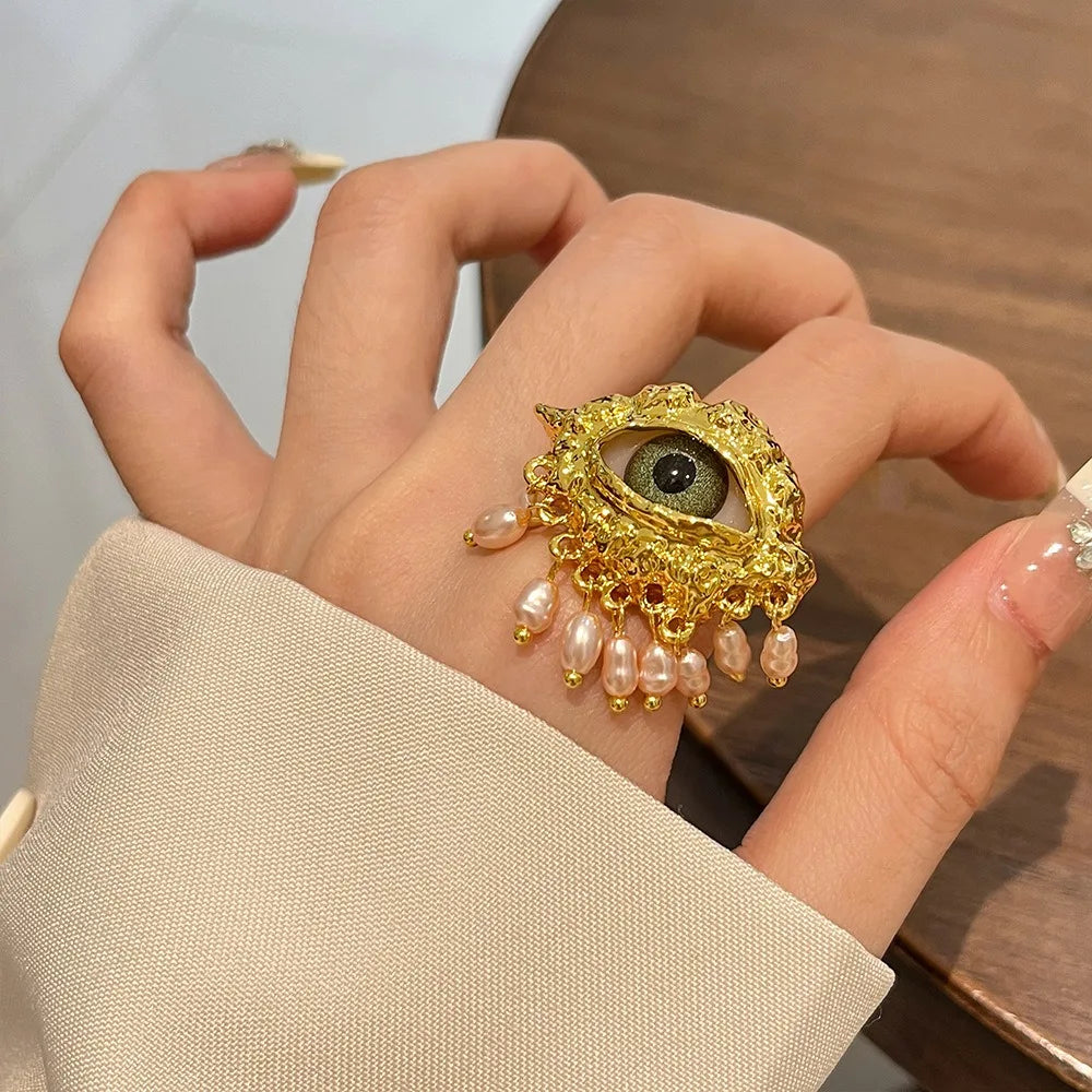 Aesthetic Vintage Devil's Eye Ring Tassels Imitated Pearl Glaze Ring Trendy Delicate Opening Finger Ring Party Favors
