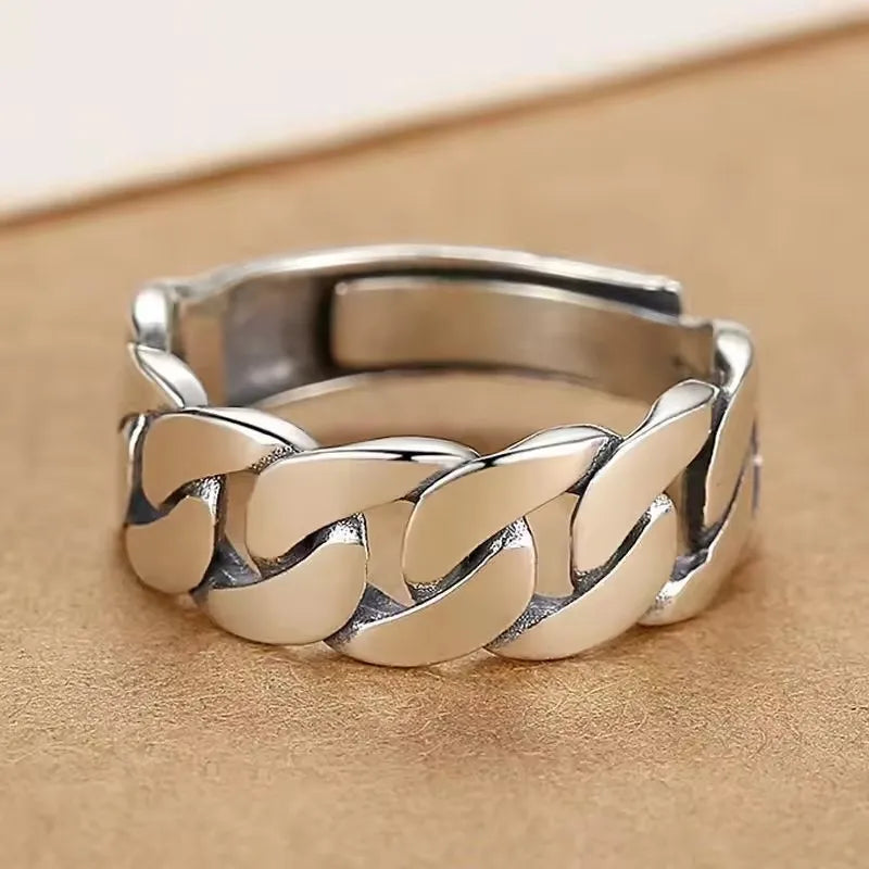 Sam Panda 925 Sterling Silver Rings For Women Men Fine Jewelry Finger Adjustable Open Vintage Chain Ring For Party Birthday Gift