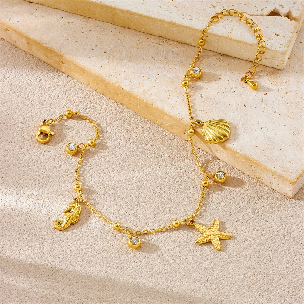 DIEYURO 316L Stainless Steel Classical Elements Starfish Seahorse Shell Pendant Anklets Women Fashion And Leisure Foot Chain