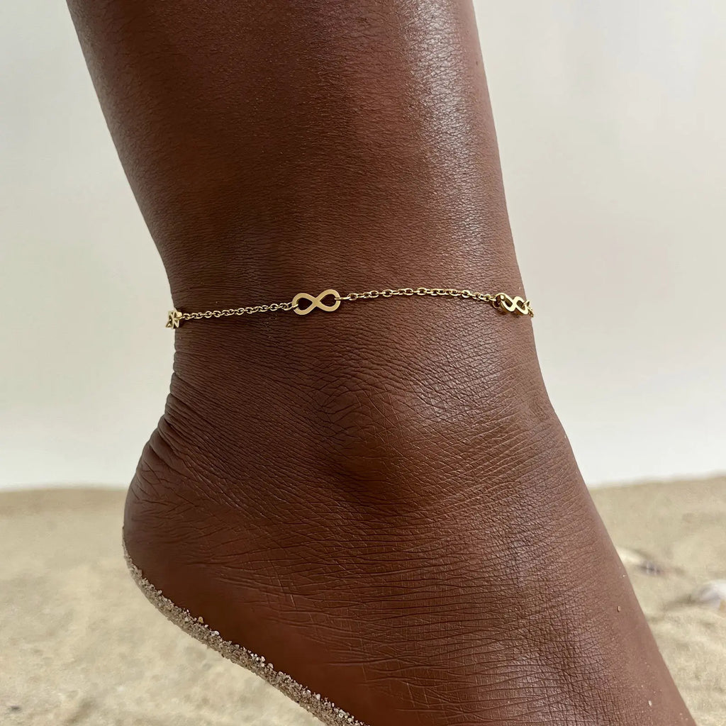 Four Infinity 18K Gold Color Plated Waterproof Stainless Steel Dainty Chain Anklets To Girls,Minimalist Jewelry Anklet For Beach