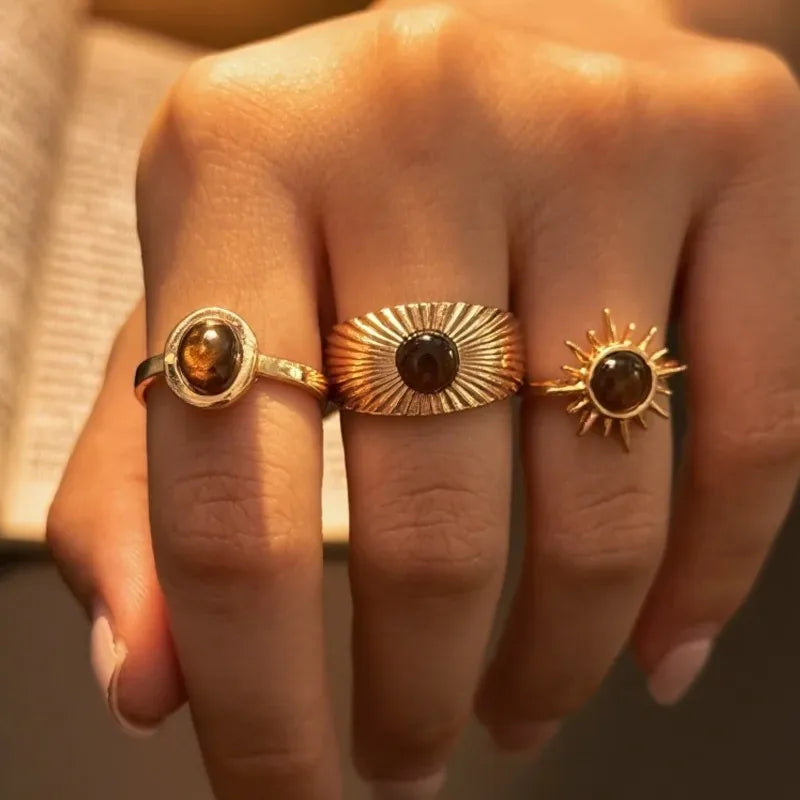 Retro Brown Stone Rings for Women Girls Sun Irregular Gold Color Aesthetic Rings Opening Adjustable Ring Fashion Jewelry Gifts