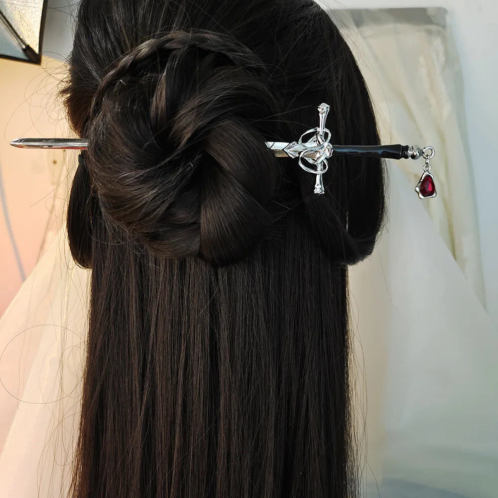 Chinese Sword Hair Stick with Pendant Crystal Chopsticks Style Hairpins Jewelry for Women Ponytail Holder Hair Accessories