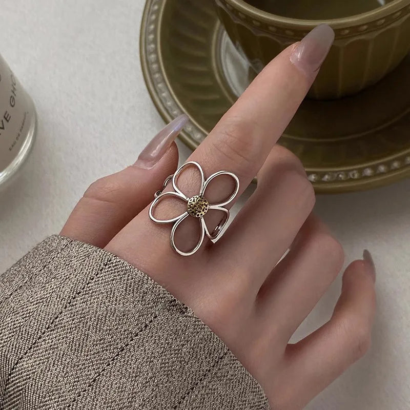VENTFILLE 925 Sterling Silve Flower Ring for Women Gift Hollow Out Design Retro Hip Hop Versatile Jewelry Party Gift Dropship