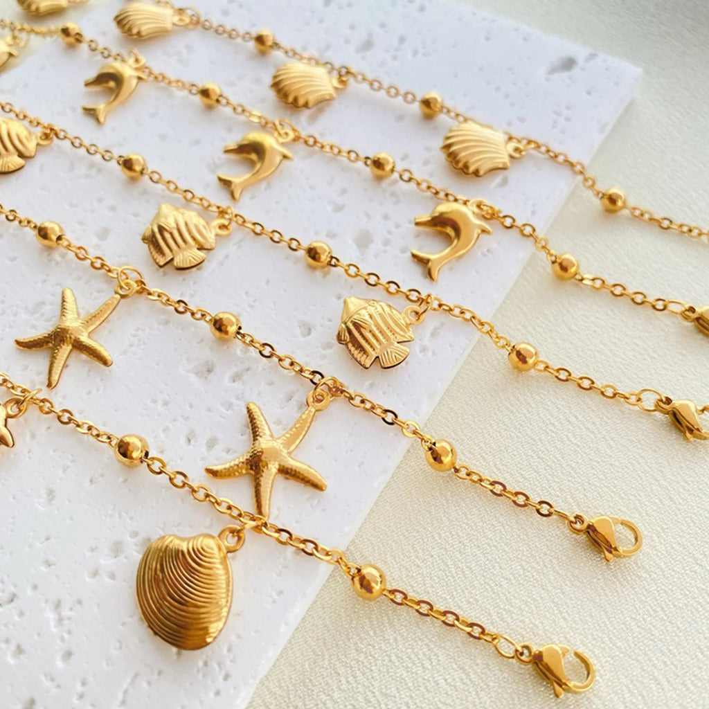 New Stainless Steel Link Cable Chain Anklet Gold Color Marine Animal Dolphin.Starfish For Women Beach 21cm(8 2/8") Long, 1 Piece