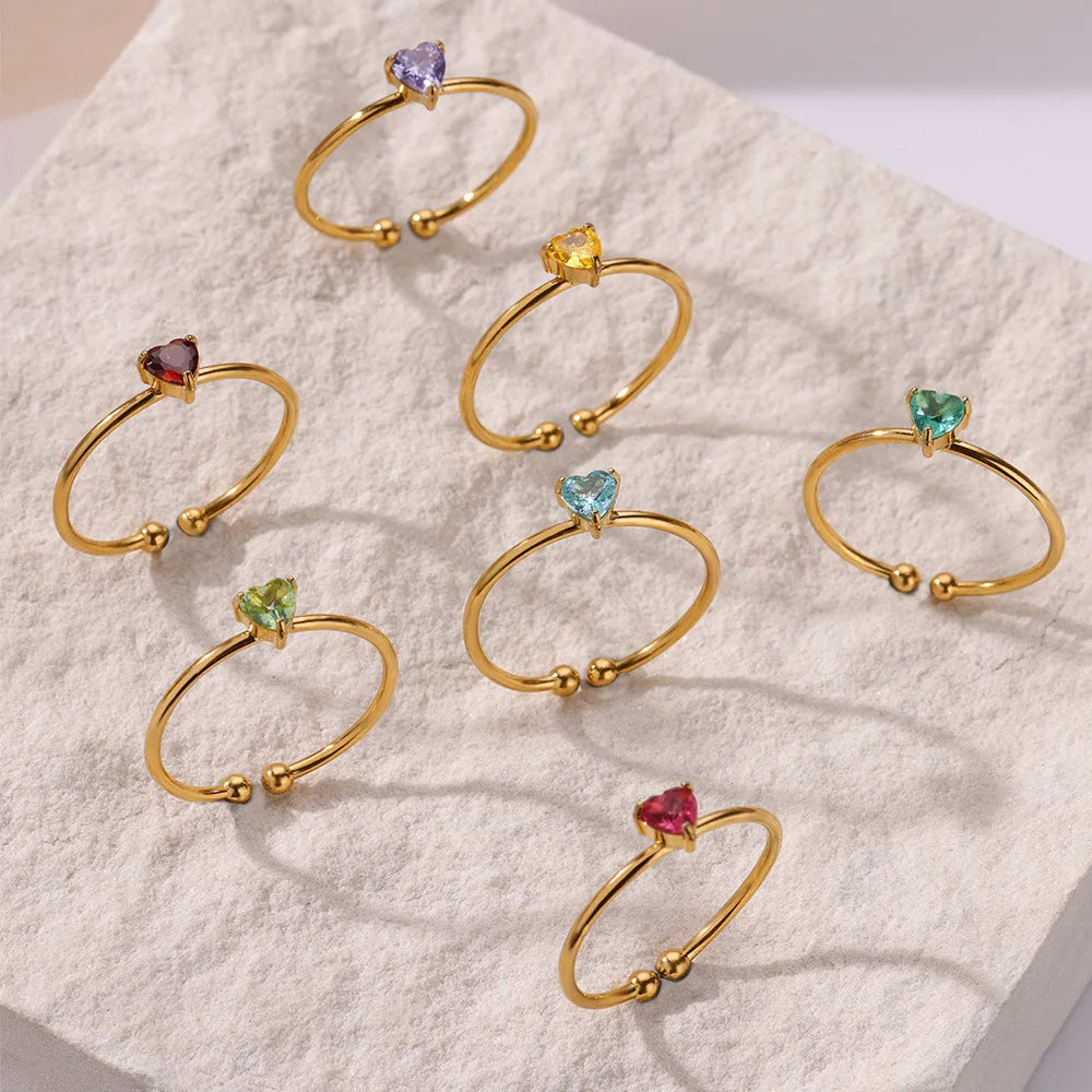 Zircon Heart Birthstone Rings For Women Gold Color Adjustable Stainless Steel Birthstone Heart Ring  Wedding Jewelry Gift BFF