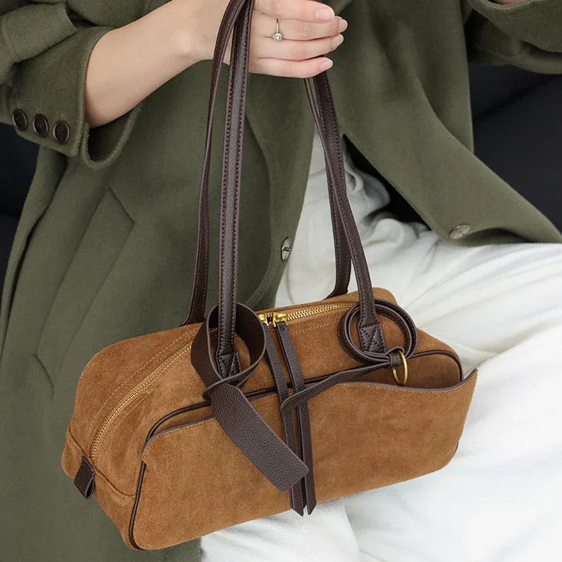 Autumn Winter Women's Cow Genuine Leather Tote Bag Suede Commuting Cowhide Handbags Large Capacity Designer Luxury Velvet Bags