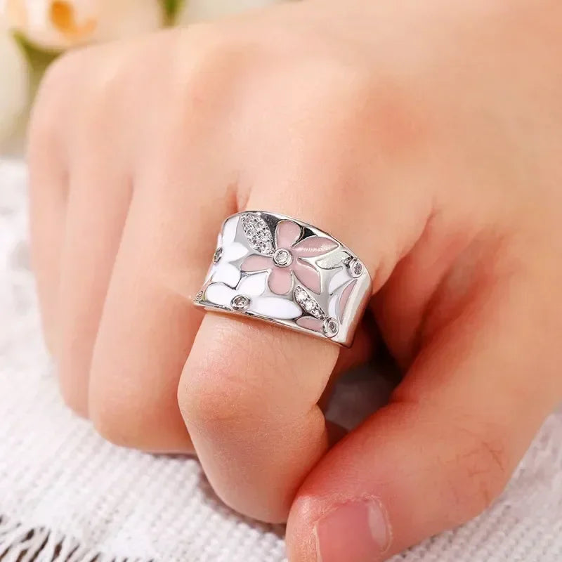 2026 Women's Wedding Party Beautiful Enamel Flower Ring New Silver European and American Style Luxury Zircon Jewelry Gift