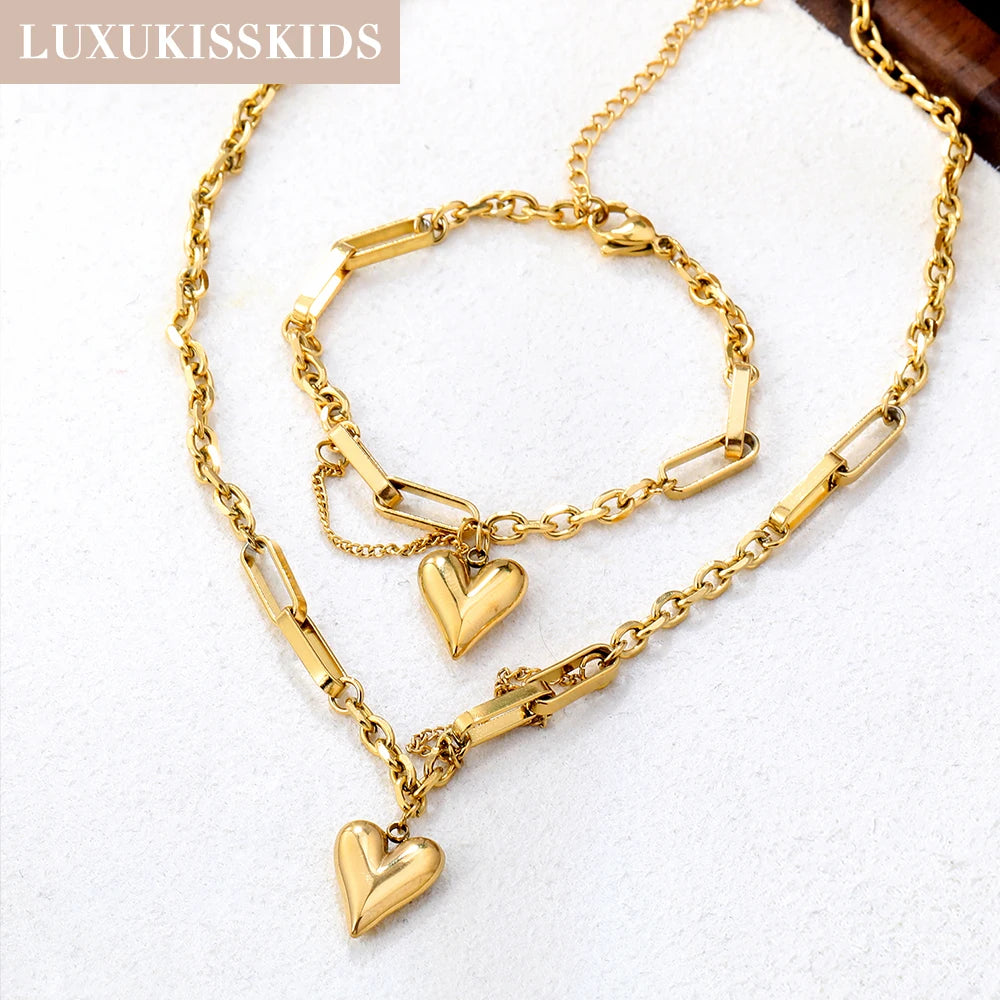 LUXUKISSKIDS Fashion Cubic Love Heart Minimalist Jewelry Set Necklace Earrings Bracelets Stainless Steel Women Party Accessories