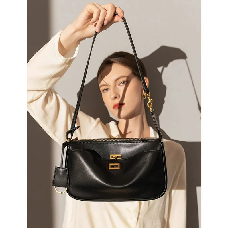 2026 Spring New Luxury Brand Women Shoulder Bags Split Leather Black Handbags Women Fashion Gold Buckle Underarm Bags