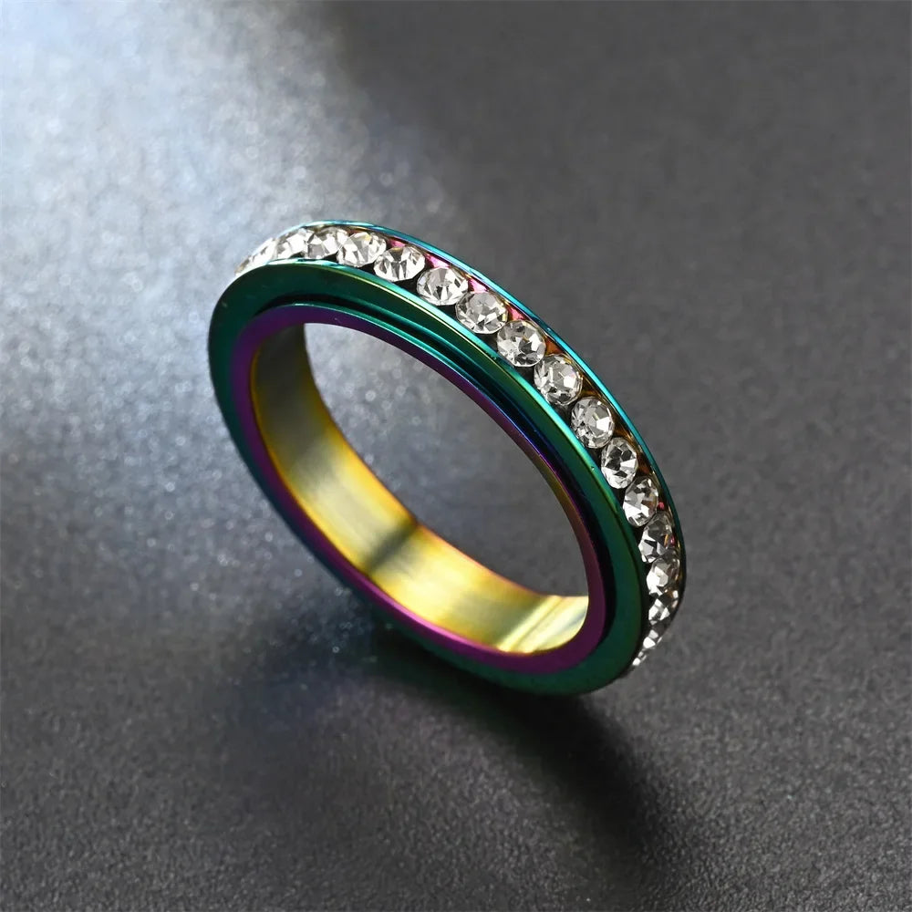 4MM Stainless Steel Spinner Finger Rings For Women Crystal Rotatable Wedding Ring Men Fashion Anniversary Party Jewelry