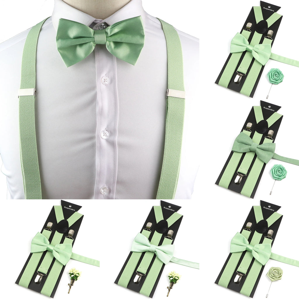 Novalty Sage Green Suspender Bowtie Set For Men Women Kids Romatic Wedding Party Elastic Y-back Straps Pants Shirt Accessory