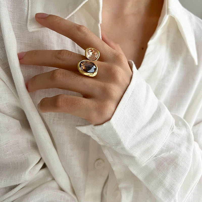 European and American Retro Metal Geometric Rhinestone Contrasting Open Rings For Women‘s Trendy Jewelry Finger Accessorioes