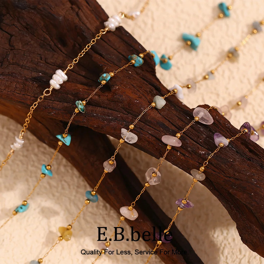 E.B.belle Natural Crushed Stone Handmade Foot Chains 18K Gold Plated Jewelry 316L Stainless Steel Bracelet for Women