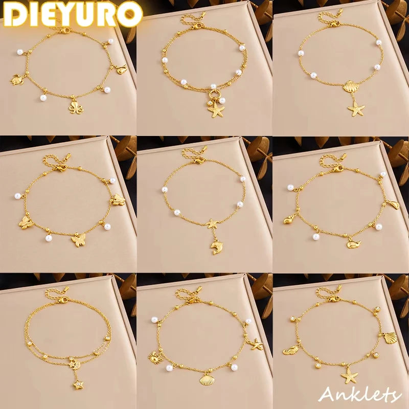 DIEYURO 316L Stainless Steel Golden Ocean Series Zircon Pearl Tassel Pendant Anklets Lady New Waterproof Foot Chain Jewelry Gift