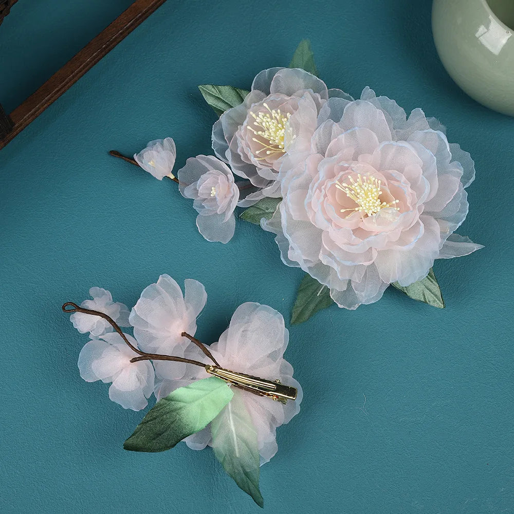 Vintage Hair Clip 1/2pcs Gradient Peony Hairpin Silk Flower Tiaras Chinese Wedding Hair Accessories Handmade Bridal Head Jewelry