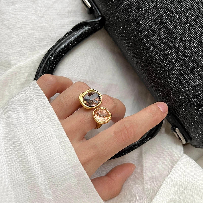 European and American Retro Metal Geometric Rhinestone Contrasting Open Rings For Women‘s Trendy Jewelry Finger Accessorioes