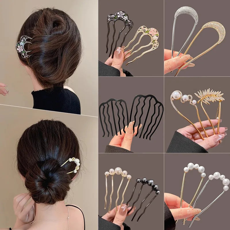 2025 New Hairpin Female Disc Hair Artifact U-shaped Fixed Four Toothed Insert Comb Hairpin Ancient Style Flower Headpiece