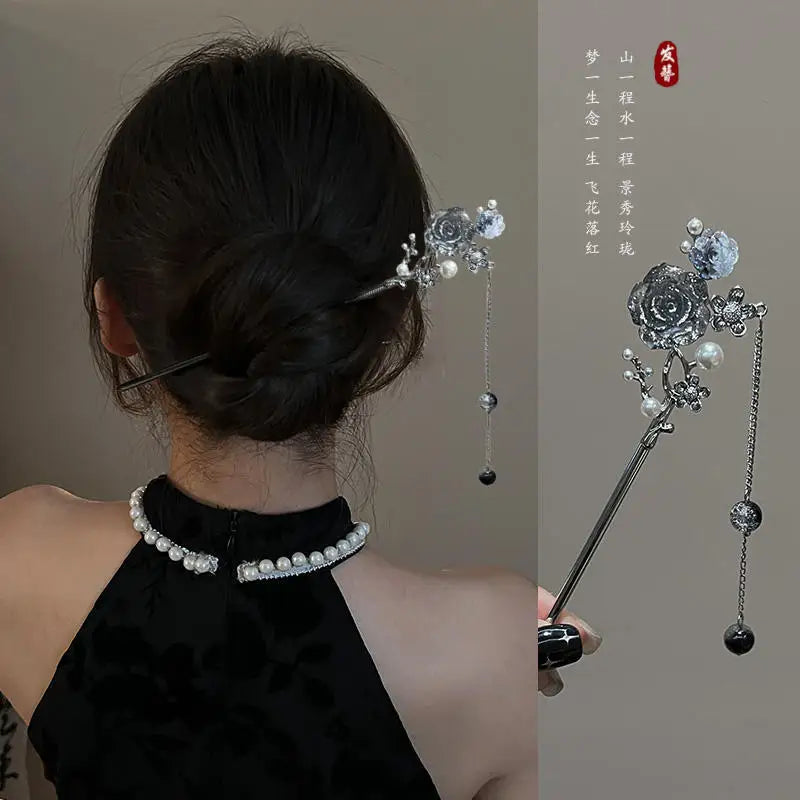 Classic Metal Hair Stick With Ink Flower Chinese Hanfu Hair Accessories Pearl Tassel Hairpin Cheongsam Decor Hair Bun Jewelry