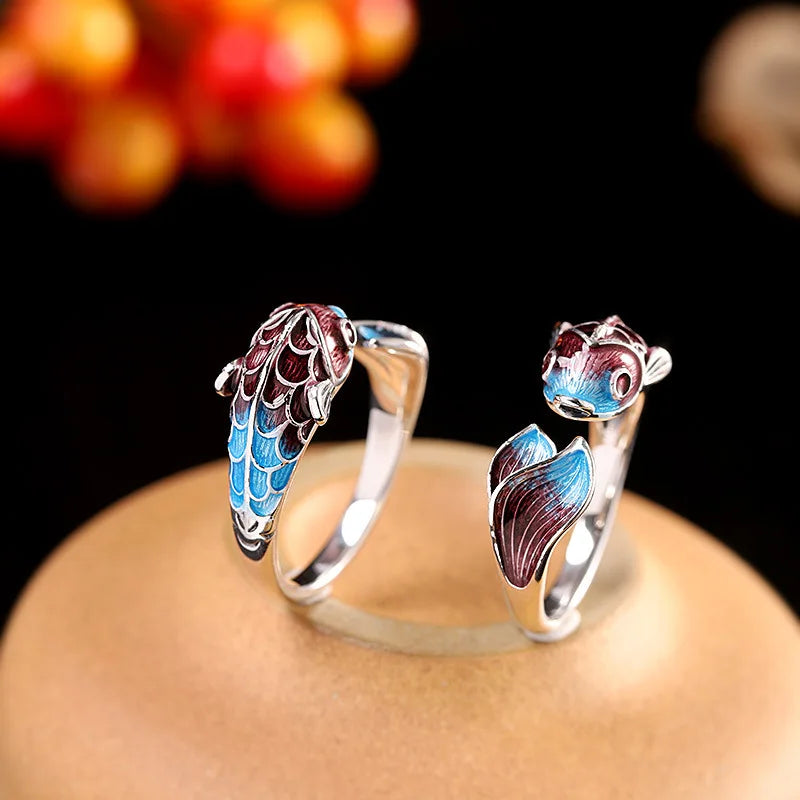 Silver Enamel Color Koi Fish Adjustable Ring Chinese Classical Niche Design Elegant Charm Ladies Brand Jewelry Party Gift