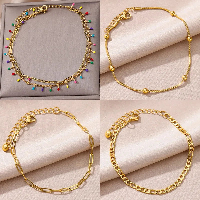 Colorful Boho Drops Anklets For Women Gold Color Stainless Steel Geometric Anklet Luxury Wedding Aesthetic Summer Jewelry Gift