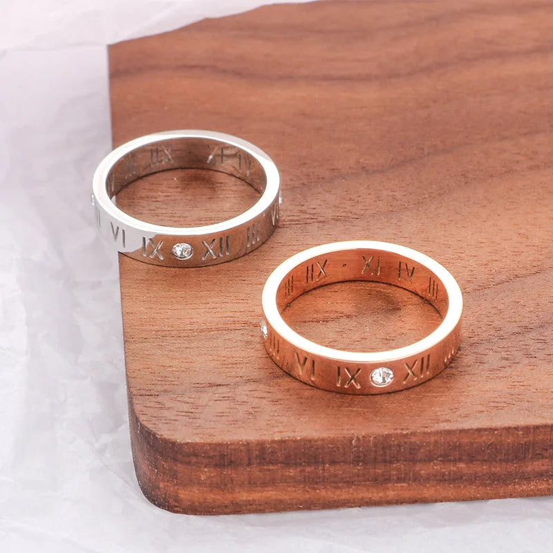 One Crystal Rings Fashion Jewelry Hollow Roman Numerals Stainless Steel Personalized Simplicity Accessories Women Rings