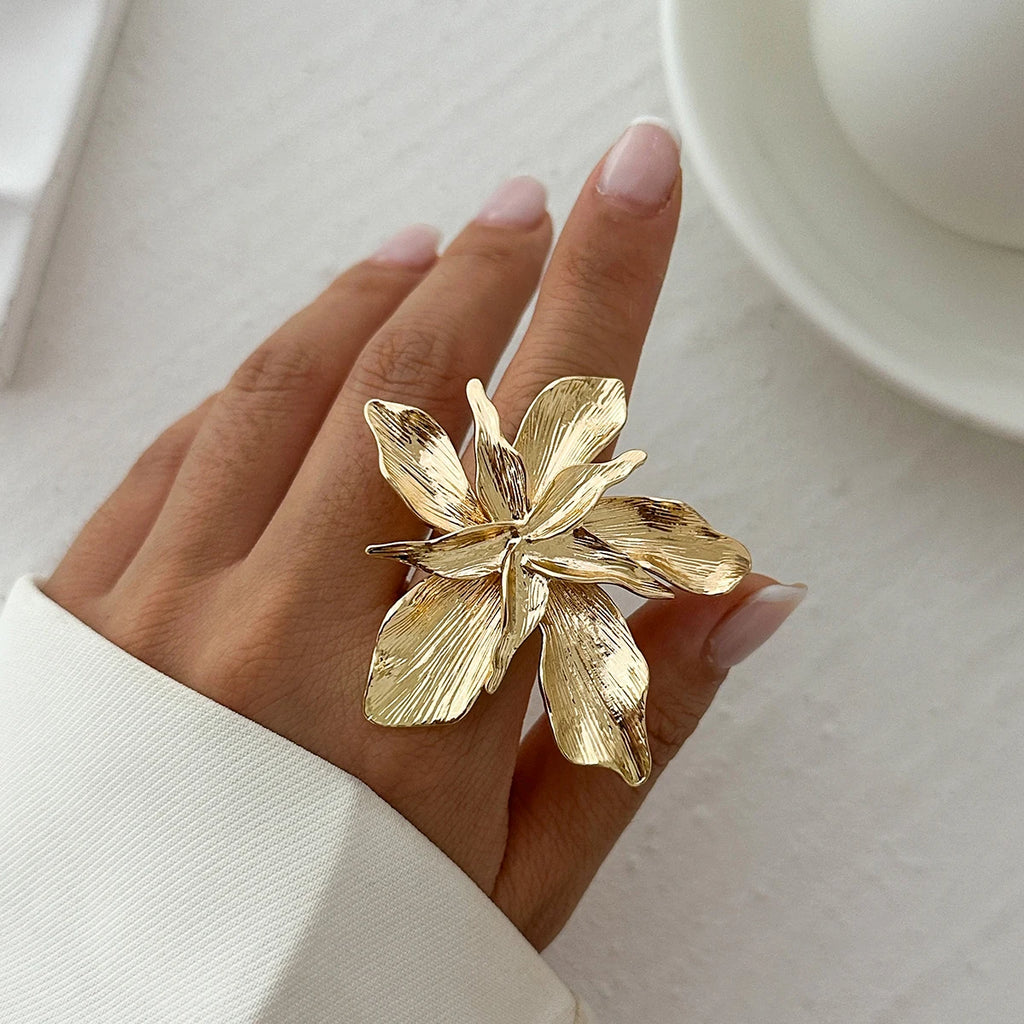 IngeSight.Z Exaggerated Bilayer Big Flower Ring for Women 2024 Personality Metal Punk Party Finger Ring Jewelry Accessories