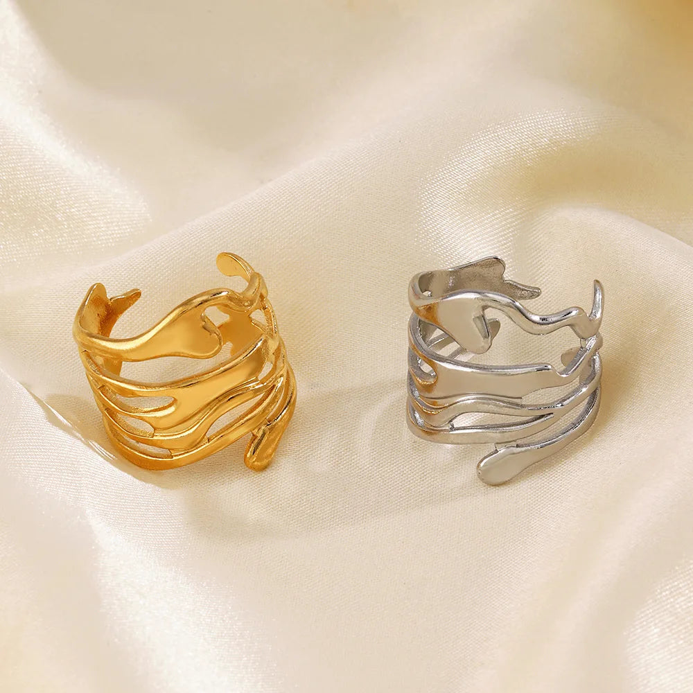LATS Stainless Steel Lava Irregular Hollow  Ring for Women Metal Texture Waterproof Daily Simple Stylish Golden Rings Jewelry