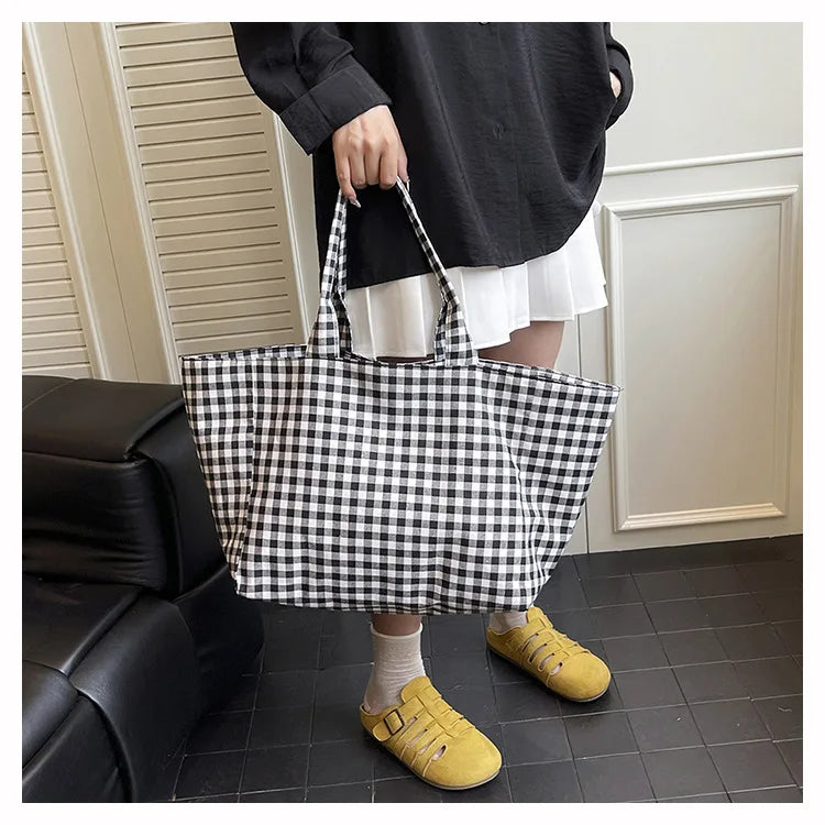 Large Capacity Plaid Women's Canvas Shoulder Bags Simple Commuter Female Shopping Bag College Girls Book Tote Travel Handbags