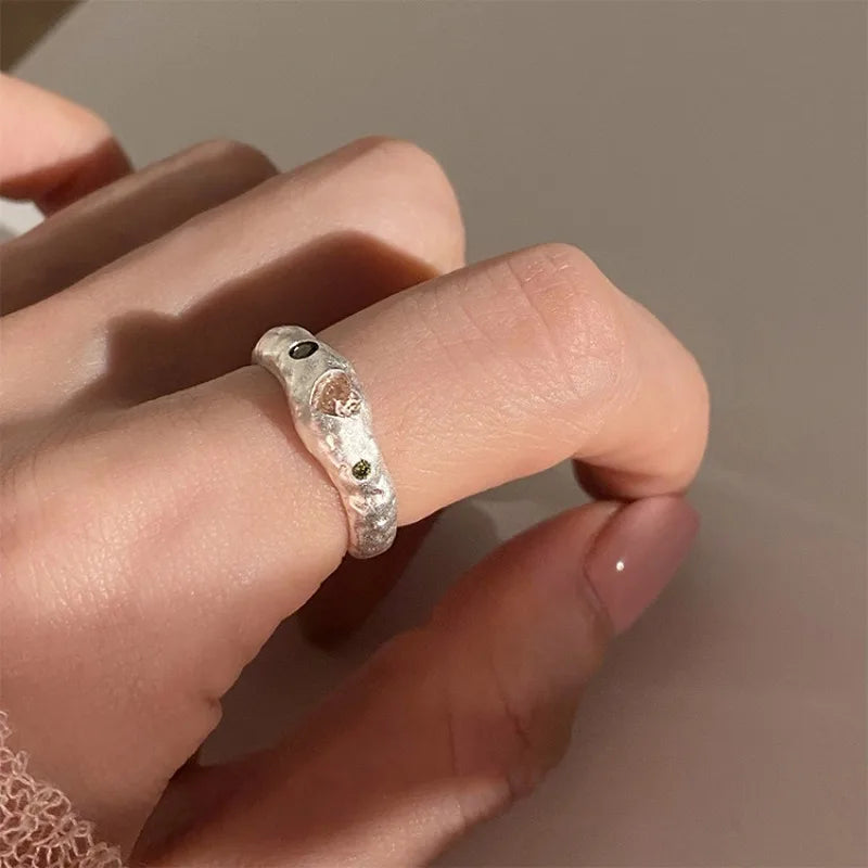 New Sweet Personality 925 Sterling Silver Adjustable Irregularly Texture Heart-shaped Pink Crystal Ring for Woman Korean Jewelry