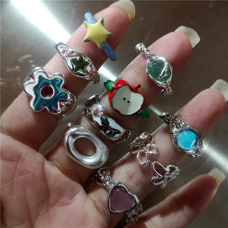 Korean Fashion Cute Heart apple Star Geometric Open Metal Ring For Women Y2K Gothic Creative Charm Grunge Jewelry Accessories