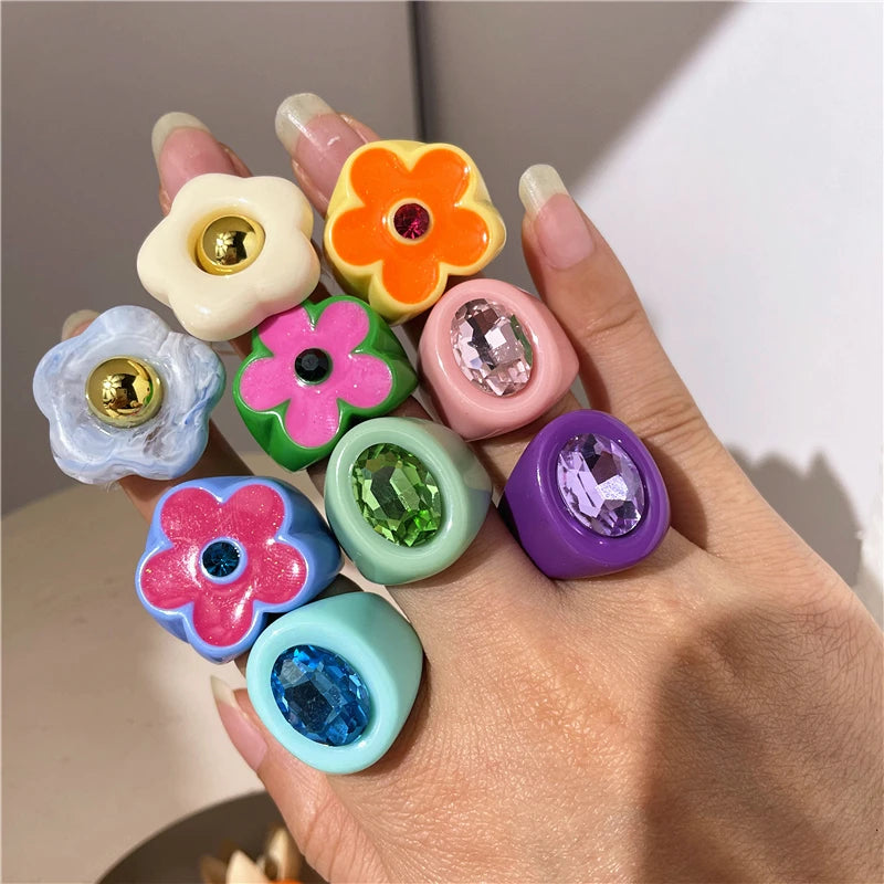2022 New Sweet Multicolor Resin Oil Drip Ring for Women Geometric Oval Flowers Beads Rhinestones Ring Cute Jewelry HangZhi