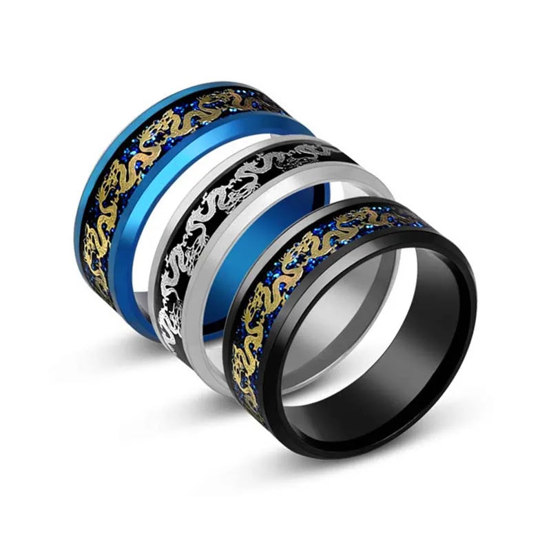 8mm Stainless Steel Domineering Dragon Pattern Rings for Men Women Punk Inlaid Blue Carbon Fibre Ring Bagues Pour Femme