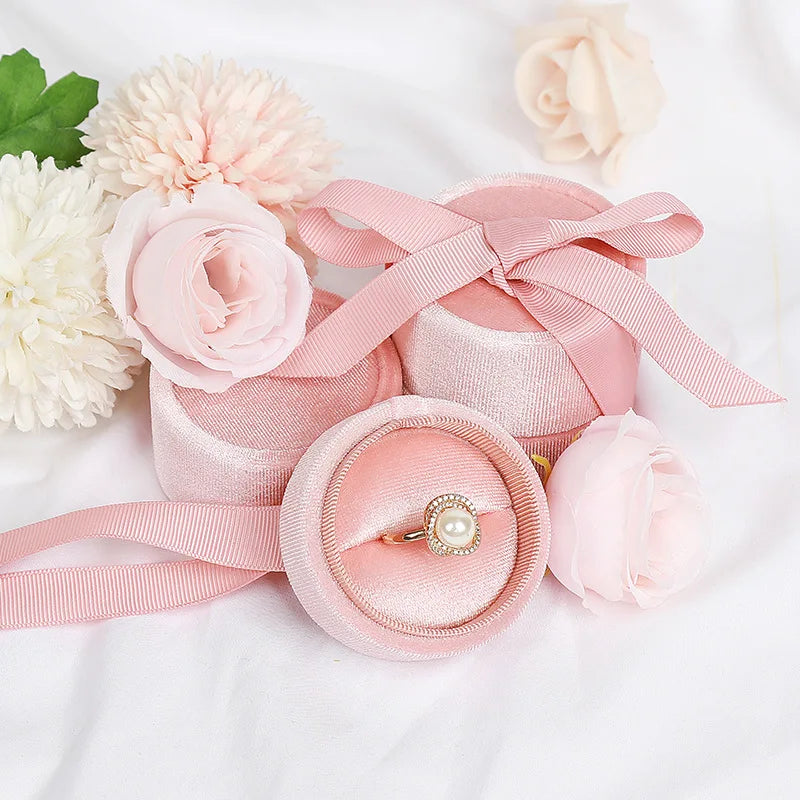 Velvet Round Silk Ribbon Jewelry Box Ring Necklace Earrings Jewelry Storage Box for Proposal Wedding Jewelry Packaging Display