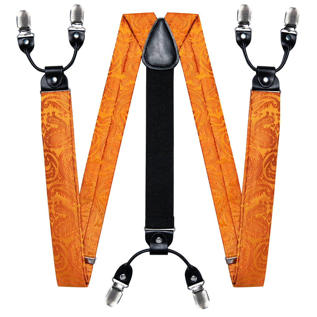 Fashion Men's Adjustable Suspenders Orange Paisley Pre-tied Bowtie Pocket Square Cufflinks Set for Wedding Party Business