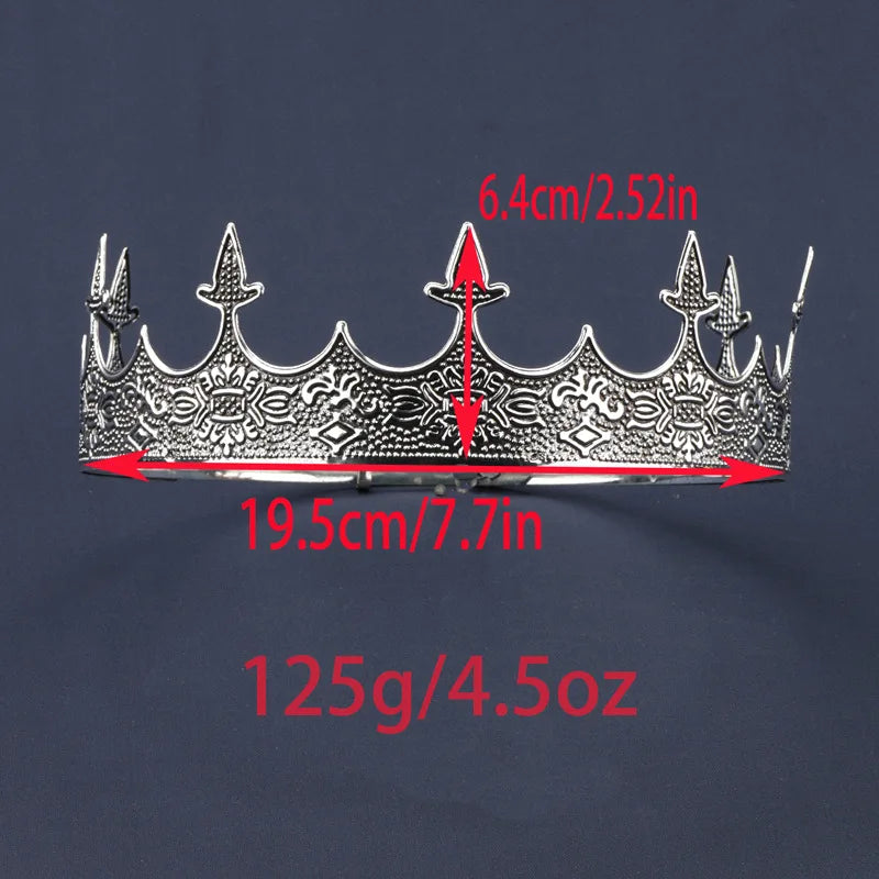 Alloy King Crown for Men Royal King Queen Crown Metal Prince Tiaras Full Round Birthday Party Hats Costume Jewelry Accessories