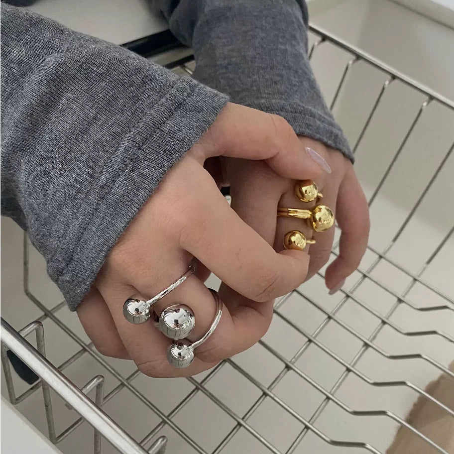 Exaggeration Punk Metal Personality Irregular Three-layer Design Ball-Shape Rings for Women Fashion Simple Adjustable Rings GIft